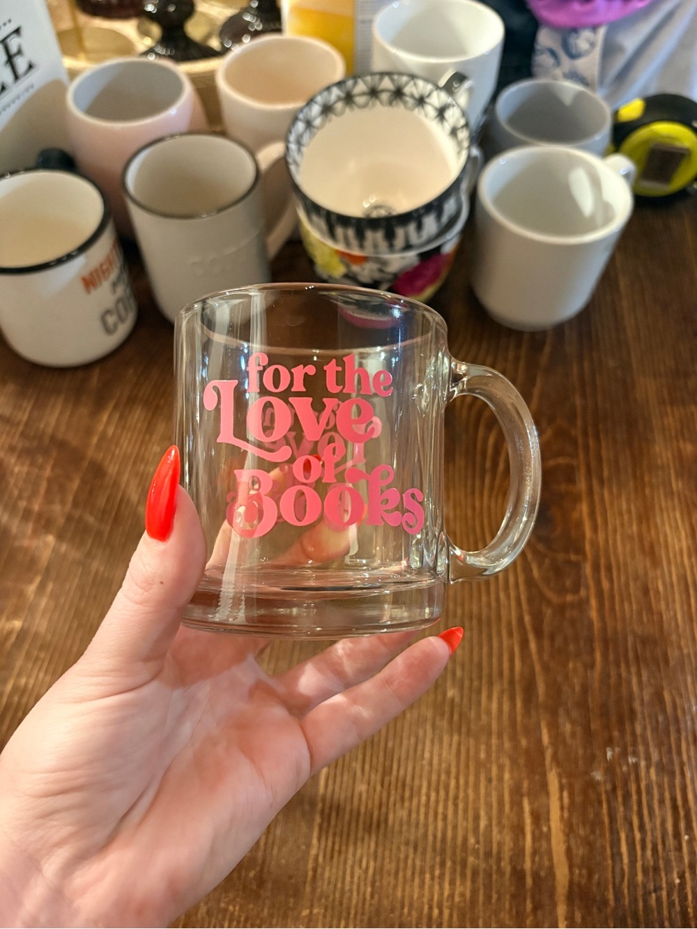 Clear Glass Mug with Pink "For the Love of Books" Print